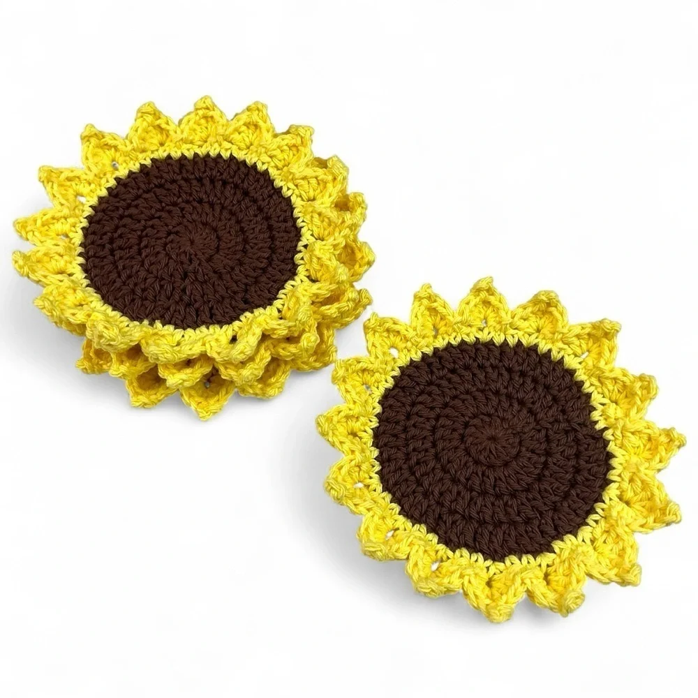 Sunflower Cup Mug Coasters Set of 4 Handcrafted Crochet by Seller Yellow Brown